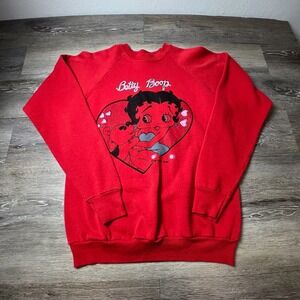 Betty Boop Sweatshirt Womens Large Red 1980s Vintage Raglan Graphic Pullover